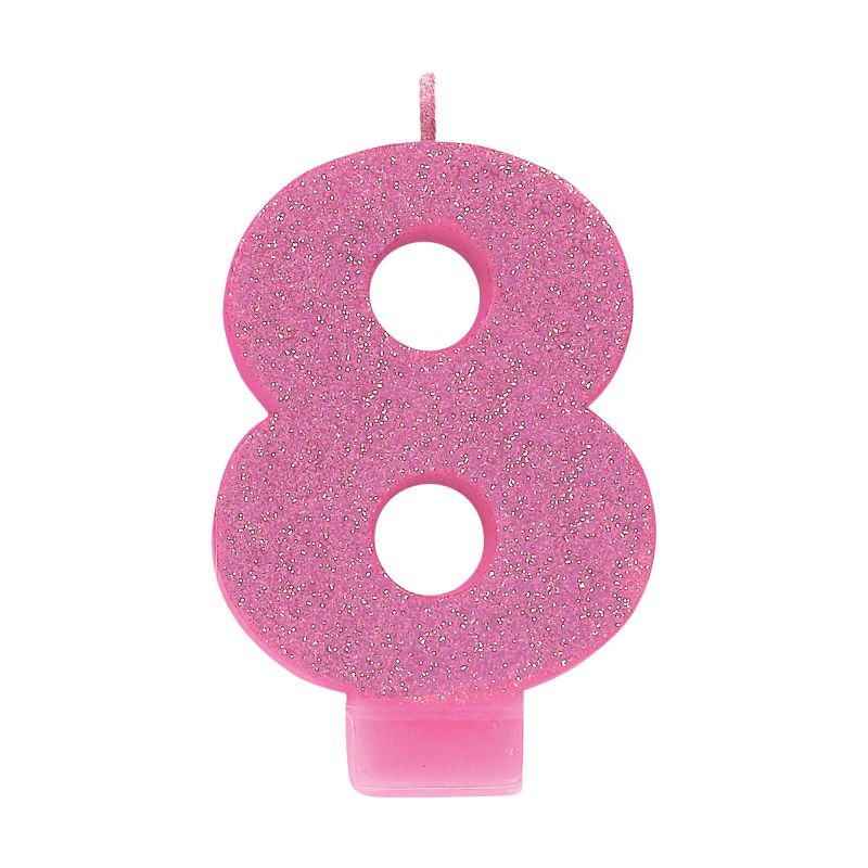 Pink glitter numeral candle shaped like the number 8, measuring 8cm tall, perfect for birthday celebrations.