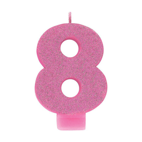 Pink glitter numeral candle shaped like the number 8, measuring 8cm tall, perfect for birthday celebrations.