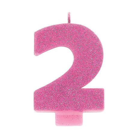 #2 Pink Glitter Numeral Candle in vibrant pink, 8cm tall, perfect for kids' birthdays and festive celebrations.