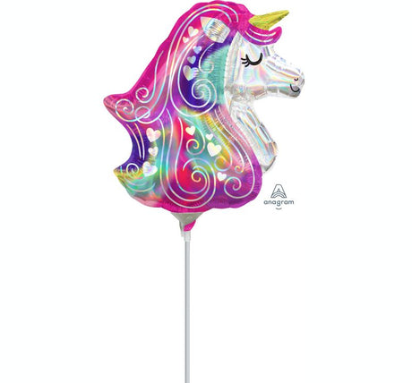 Holographic unicorn hearts foil balloon, perfect for magical celebrations and whimsical parties, requires air inflation.