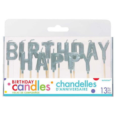 Elegant silver birthday pick candles for a glamorous cake decoration, pack of 13, perfect for memorable celebrations.