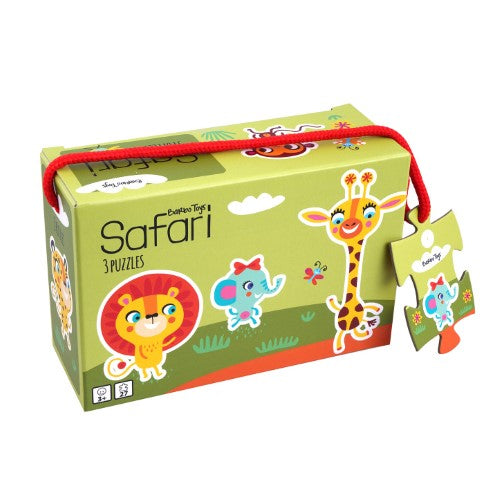 Colorful puzzle box with handle, featuring 3 engaging safari-themed puzzles for kids aged 3+, enhancing fine motor skills.