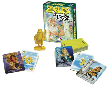 Card game featuring mythological themes where players race to capture Zeus with strategic card play.