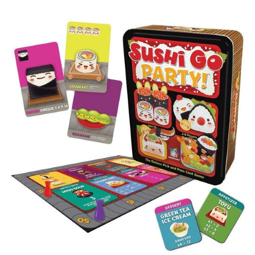 Sushi Go Party! card game featuring 181 illustrated cards for 2-8 players, perfect for fun-filled game nights.