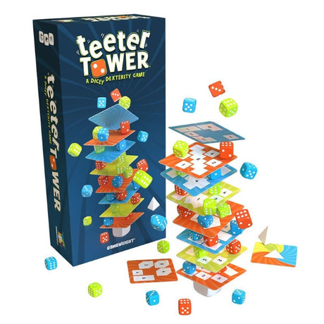 Strategic card game Teeter Tower with colorful dice and stacking tiles, promoting teamwork and coordination for ages 8+.