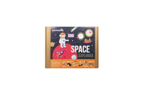 6-in-1 Craft Box Space Explorer featuring DIY rocket, wind chime, kaleidoscope, board game, constellation, and moon phase projects.