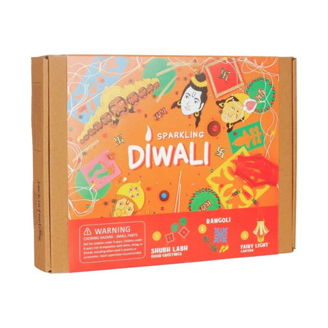 3-in-1 Diwali craft box for kids featuring Rangoli, Fairy Light Lantern, and Shubh Labh Greetings activities.