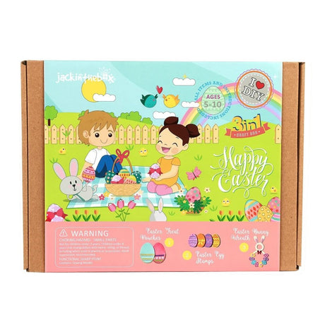 3-in-1 Easter craft box for kids, featuring treat pouches, egg stamps, and bunny wreath activities for creative fun.