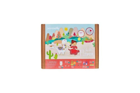 6-in-1 Hello Llama craft kit for kids featuring puppets, bunting, hangers, stamps, hairbands, and a cactus juice recipe.