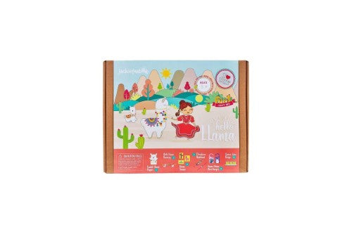 6-in-1 Hello Llama craft kit for kids featuring puppets, bunting, hangers, stamps, hairbands, and a cactus juice recipe.