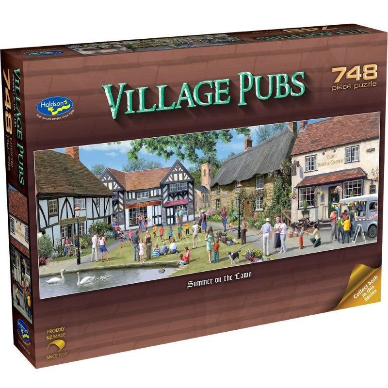 748-piece panoramic jigsaw puzzle featuring a charming English village pub scene by Victor Mclindon, perfect for summer enthusiasts.