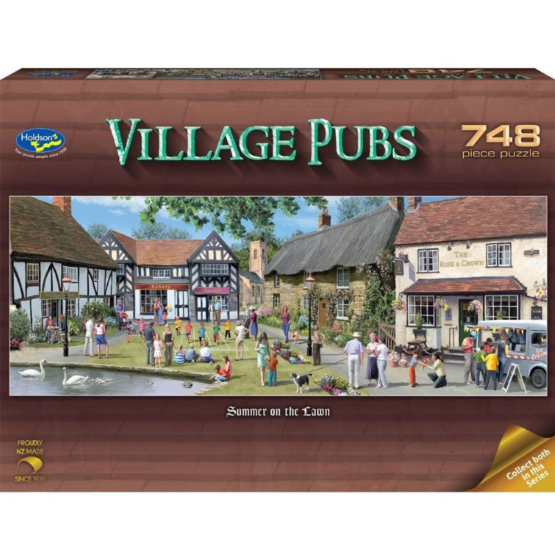 748-piece jigsaw puzzle featuring a panoramic summer scene of idyllic English village pubs by Victor Mclindon.
