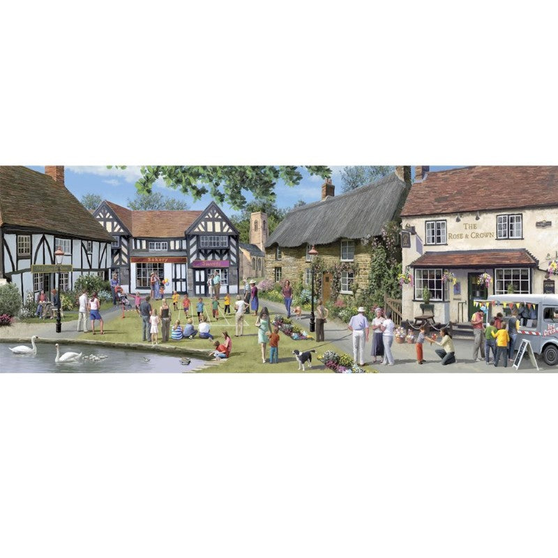 748-piece jigsaw puzzle featuring a panoramic view of charming English village pubs in a summer setting by Victor Mclindon.