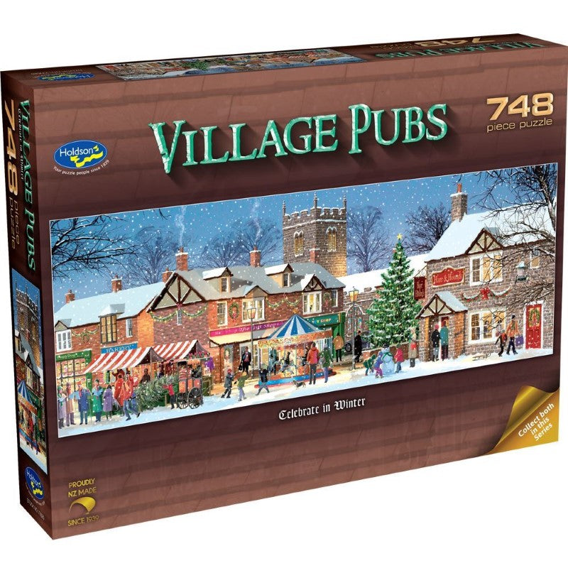 748-piece winter-themed puzzle of English village pubs by Victor Mclindon, perfect for cozy gatherings and eco-friendly fun.