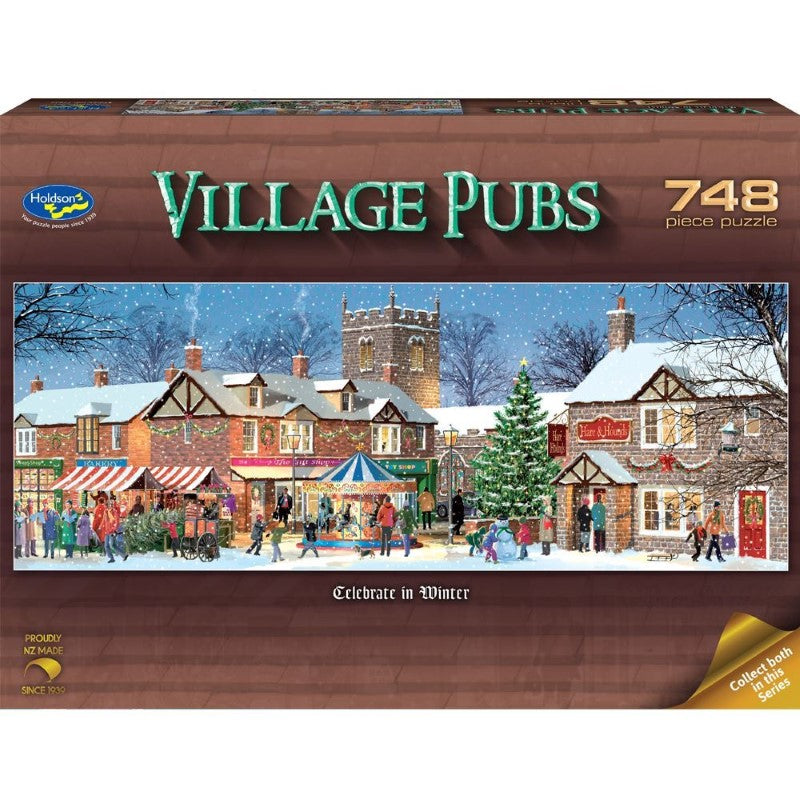 748-piece 'Village Pubs' puzzle by Victor Mclindon, showcasing cozy English pubs in winter, made with eco-friendly materials.