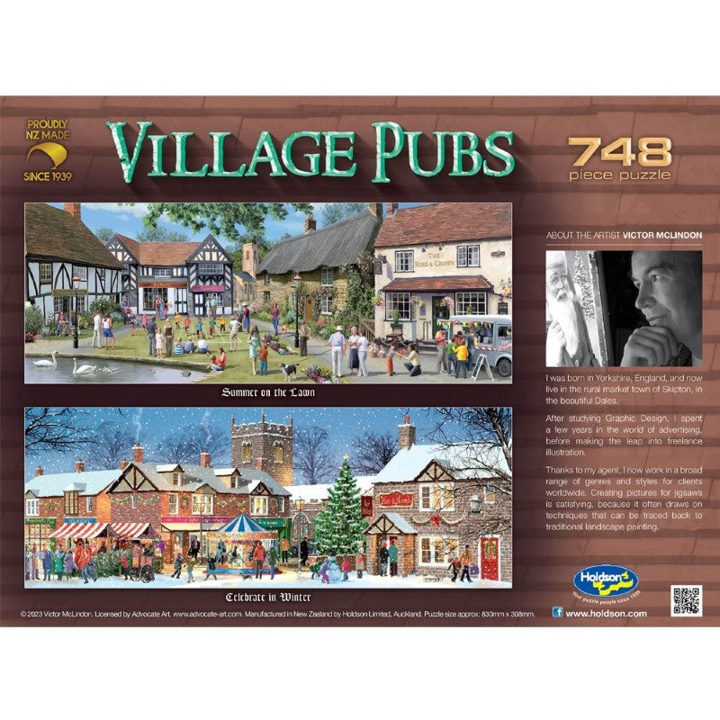 748-piece jigsaw puzzle of a cozy English village pub scene in winter, designed by Victor Mclindon, eco-friendly materials.