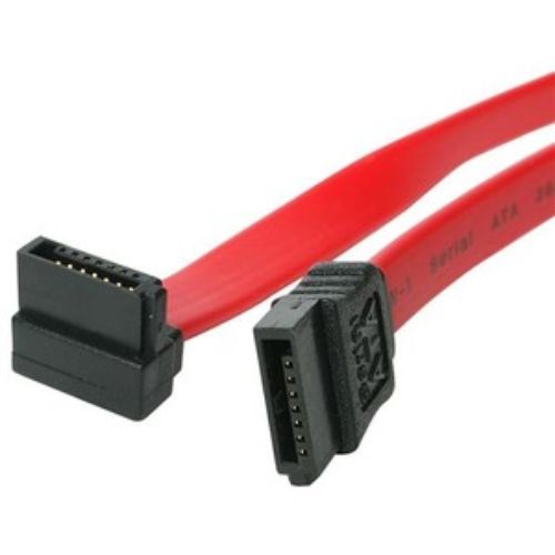 18-inch red right angle SATA cable for optimal data transfer up to 6Gbps, perfect for tight spaces and organized setups.