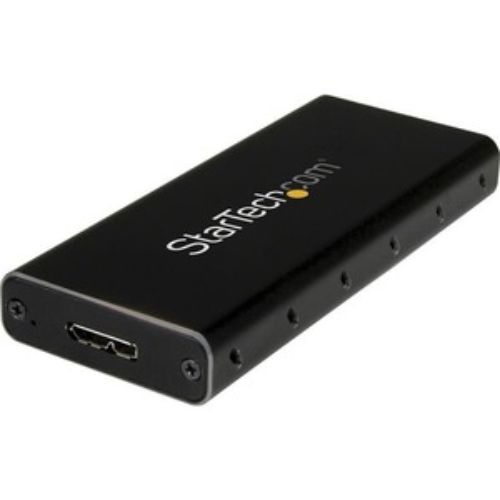 StarTech.com M.2 SATA SSD Enclosure in black/silver, portable design with USB 3.1 Gen 2 for 10Gbps data transfer.