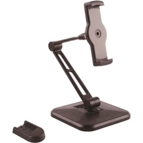 Adjustable black tablet and smartphone mount for desk or wall; fits iPad Pro and other devices, allows easy viewing angle adjustment.