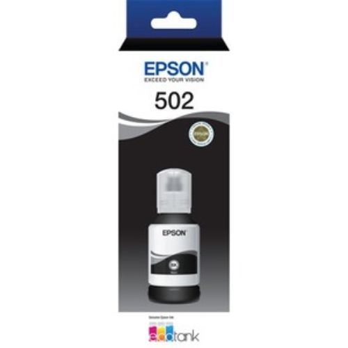 Epson T502 EcoTank Black Ink Bottle, 127mL, ultra high yield for EcoTank printers, features auto-stop technology and cost savings.