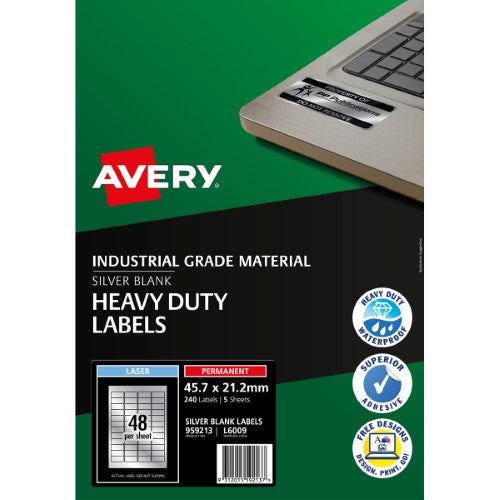 Avery Heavy Duty ID Label L6009 Silver Laser 47.5x21.2mm 48up 5 Sheets