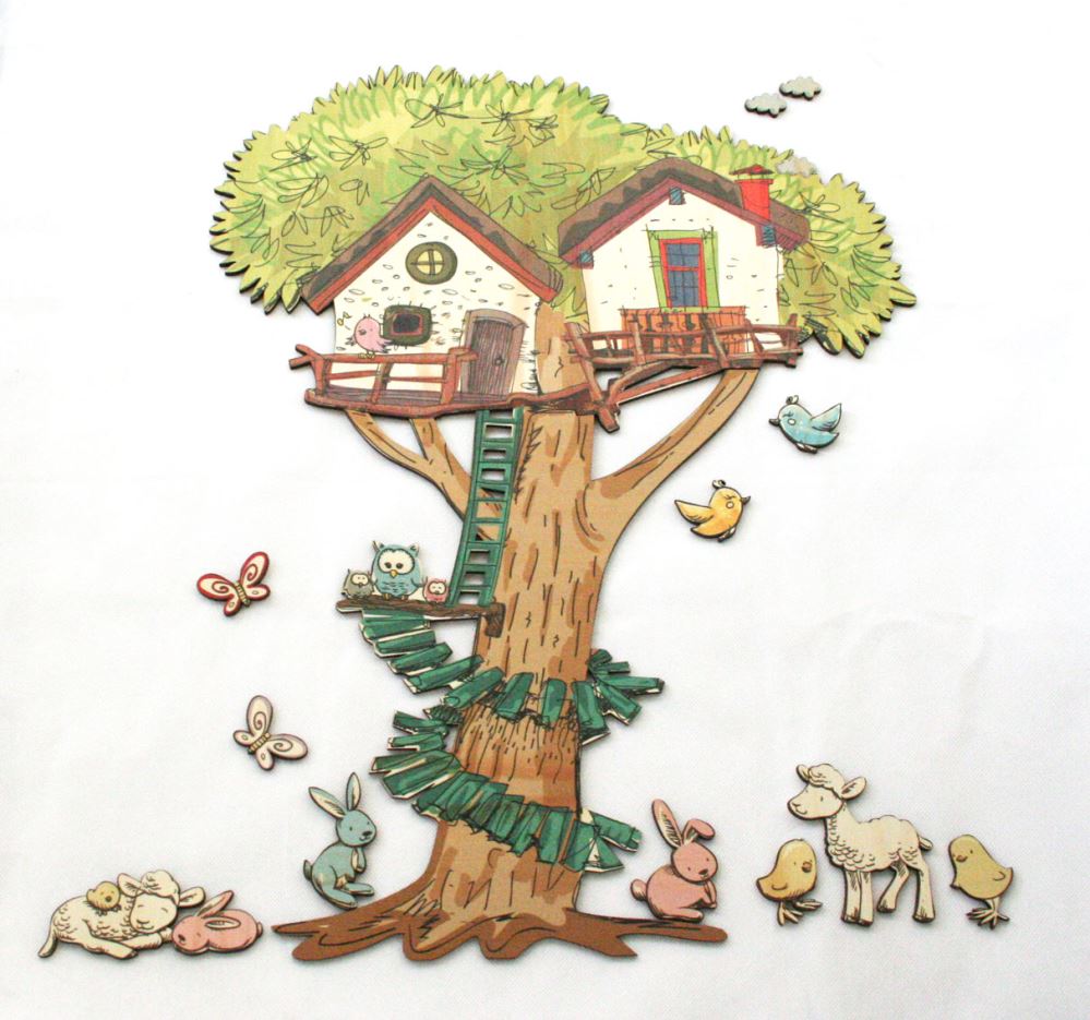 Whimsical treehouse wall art set with adorable animals, perfect for children's decor and customizable arrangements.