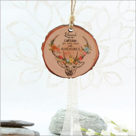 Adventure Deer wood slice ornament featuring intricate laser-cut designs, perfect for nature lovers this Christmas.