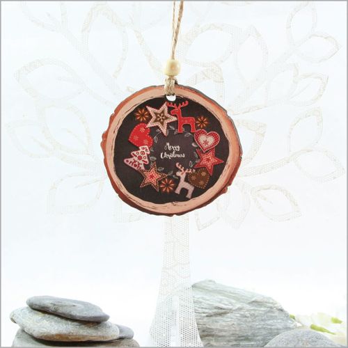Rustic red and black wood slice ornament, laser-cut designs perfect for Christmas trees and festive gifts.