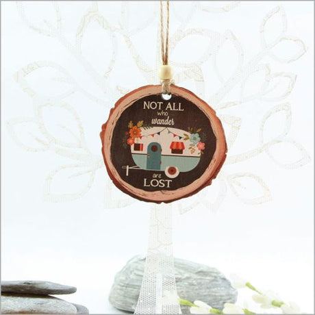Wood Slice Ornament featuring a detailed caravan design, perfect for Christmas trees and gifting, made from eco-friendly wood veneer.