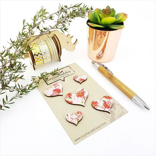 Set of 5 pink floral heart-shaped wall art pieces made from durable 3mm MDF, perfect for home decor and gifts.