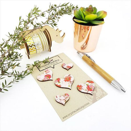 Set of 5 pink floral heart-shaped wall art pieces made from durable 3mm MDF, perfect for home decor and gifts.