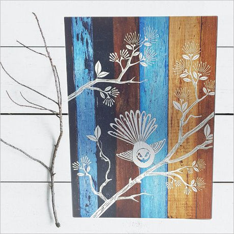 Large Kiwiana Wall Art featuring a fantail bird on rustic aged timber background, perfect for enhancing your living space.