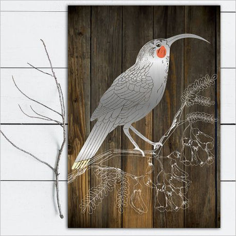 Kiwiana Wall Art featuring a Dark Wood Huia, durable aluminium composite, 288mm x 420mm, ideal for indoor/outdoor display.
