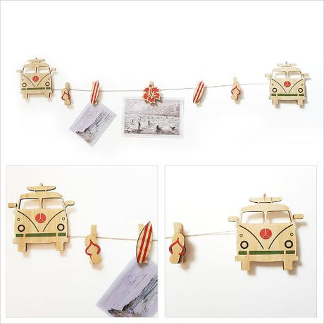 Surfer Van Art Pegs for hanging photos and notes, featuring a playful surfer van design and durable 119cm string.
