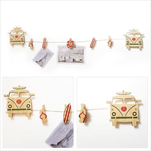 Surfer Van Art Pegs for hanging photos and notes, featuring a playful surfer van design and durable 119cm string.