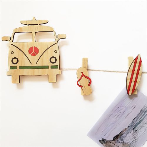 Surfer Van Art Pegs showcasing a playful design for hanging photos and notes, ideal for adding coastal charm to any room.