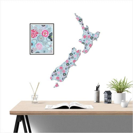 Large NZ map wall art in blue floral pattern, made from durable ACM, ideal for indoor or covered outdoor display.