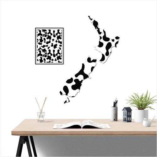 Kiwiana Wall Art featuring a large NZ map with a unique cow skin pattern, crafted from durable Aluminium Composite Material.