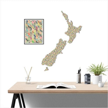 Kiwiana Wall Art featuring a large NZ map in a diamond pattern, made of durable Aluminium Composite Material, 640mm x 900mm.