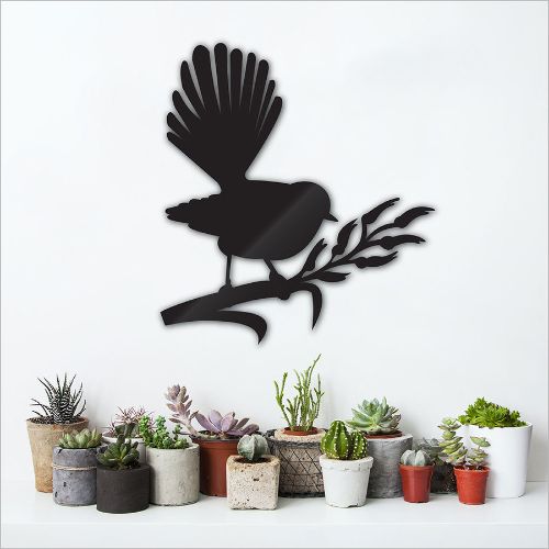 Kiwiana wall art featuring a fantail on flax, crafted from durable 4mm ACM, perfect for indoor or outdoor display.