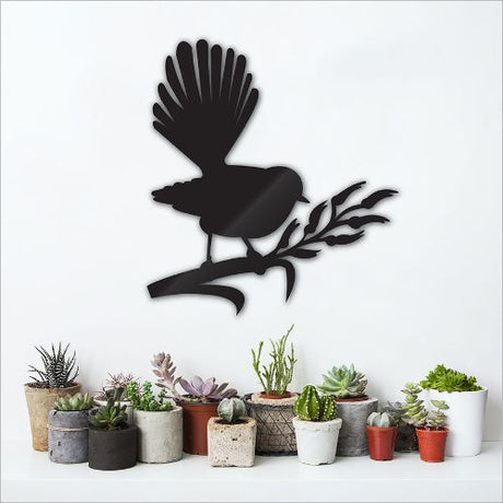 Kiwiana wall art featuring a fantail on flax, crafted from durable 4mm ACM, perfect for indoor or outdoor display.