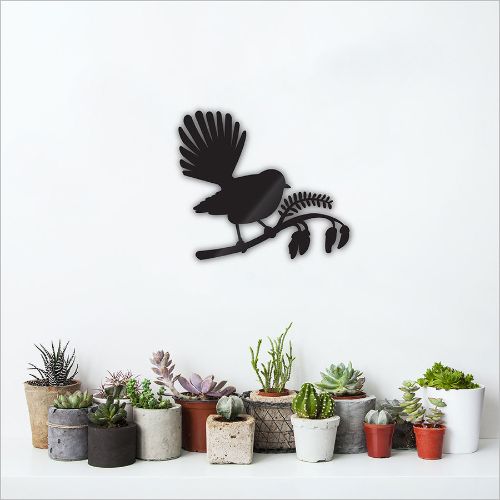 Kiwiana Wall Art featuring a Fantail bird on a Kowhai tree, crafted from durable Aluminium Composite Material, 340 x 295 mm.