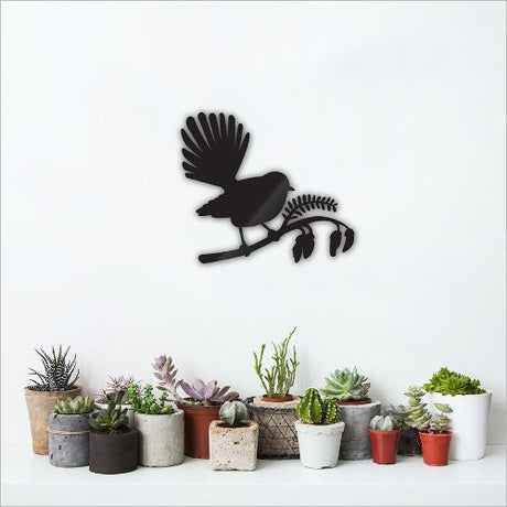Kiwiana Wall Art featuring a Fantail bird on a Kowhai tree, crafted from durable Aluminium Composite Material, 340 x 295 mm.