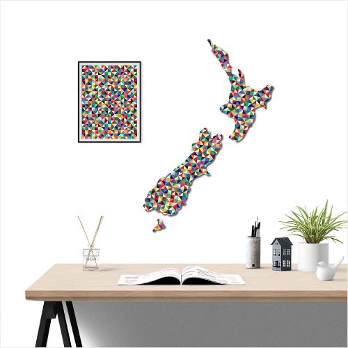 Kiwiana wall art featuring a geometric NZ map, crafted from durable Aluminium Composite Material, 640mm x 900mm.