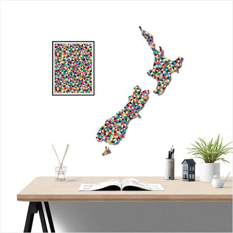 Kiwiana wall art featuring a geometric NZ map, crafted from durable Aluminium Composite Material, 640mm x 900mm.