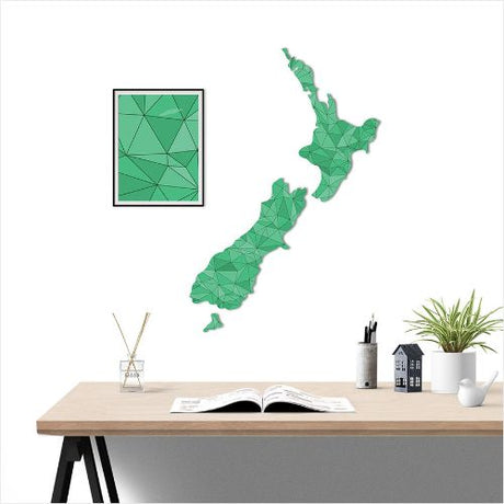 Large Kiwiana Wall Art featuring a vibrant green geometric NZ map, crafted from durable Aluminium Composite Material.