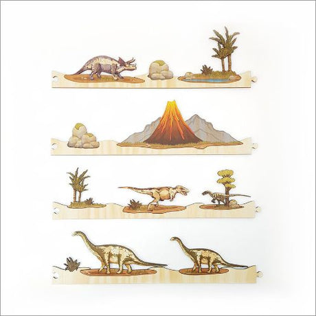 Eco-friendly Pine Jigsaw Strip puzzle set featuring vibrant dinosaurs, 4mm thick, 1.6m long, perfect for all ages.