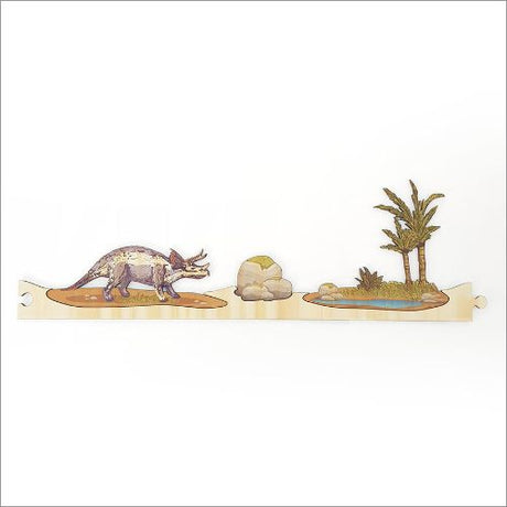 Vibrant dinosaur-themed jigsaw strips crafted from eco-friendly pine veneer for fun and educational puzzle adventures.