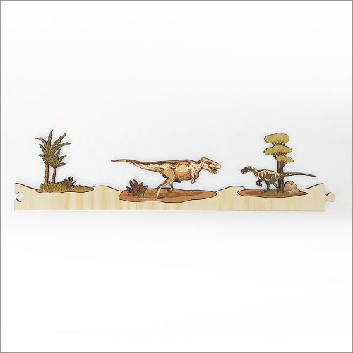 Pine Jigsaw Strip featuring vibrant dinosaur graphics, crafted from eco-friendly pine veneer for fun and learning.