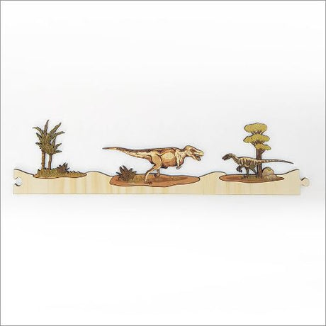 Pine Jigsaw Strip featuring vibrant dinosaur graphics, crafted from eco-friendly pine veneer for fun and learning.